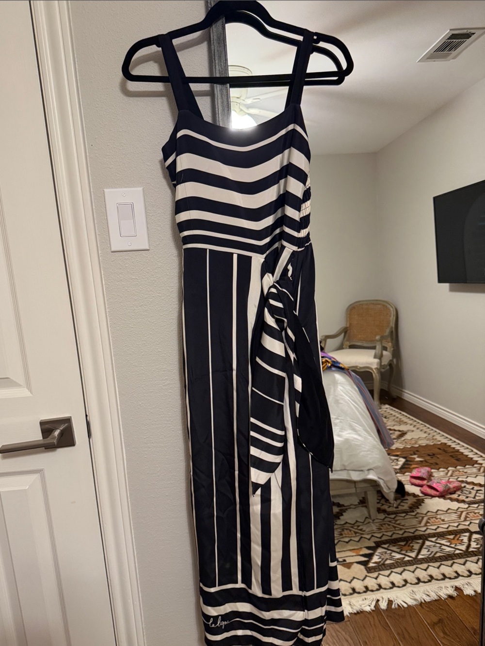 La Ligne Striped black and White silk Midi Dress with Tie Waist